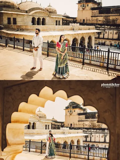 A two-photo layout from Jaipur, combining a wide shot on a palace terrace with a creative shot through an arched window.