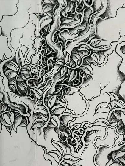 A close-up of the intricate line work in a drawing of tangled branches and leaves. This meditative process of drawing patterns is central to my artistic practice.