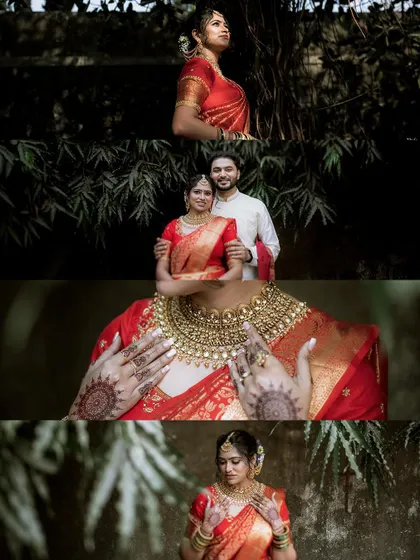 A creative collage focusing on the bride's stunning red saree and gold jewelry. The composition draws the eye from a wide shot to a close-up of the intricate details.