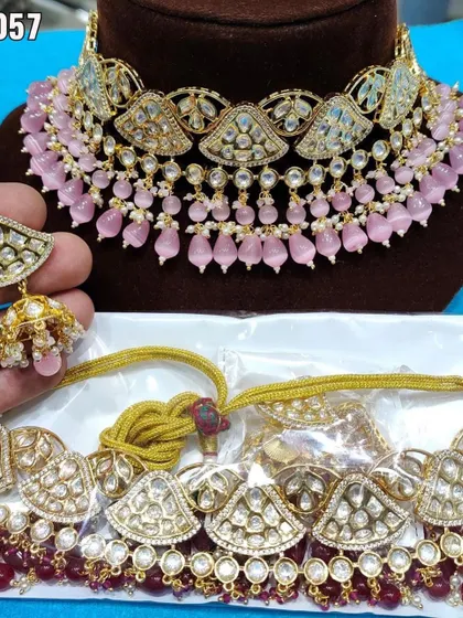A collage of pink choker sets, showing the variety of designs I offer for rent. These are perfect for sangeets, receptions, or for bridesmaids.