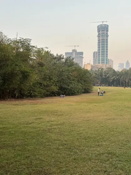 On Earth Day, I celebrate our park's open green spaces. This wide expanse of grass, set against the Mumbai skyline, is a vital green lung for our city.