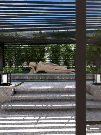A serene terrace garden concept featuring a reclining Buddha sculpture as a focal point. The design includes a pergola-covered seating area and a tranquil water feature, transforming the rooftop into a peaceful retreat.