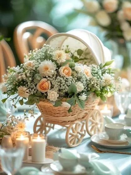 A beautiful baby shower centerpiece featuring a miniature wicker pram filled with flowers. It's a charming and sentimental touch for the table.