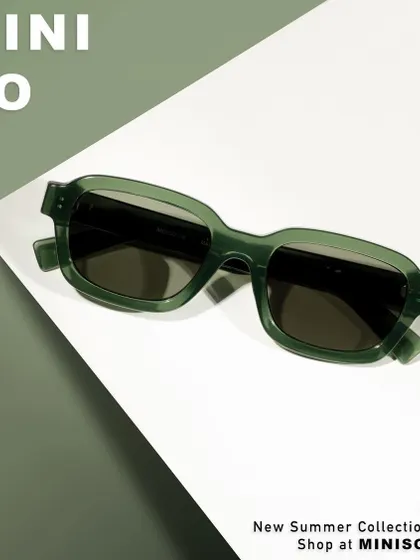 A graphic, modern shot for Miniso's sunglasses collection. The clean lines, brand overlay, and diagonal composition are perfect for web banners and social media campaigns.