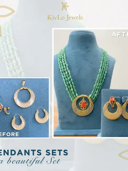 Two old pendant sets were combined to create one beautiful, modern statement set. We used the coral from one and the gold hoops from another, pairing them with a green bead mala for a unique look.