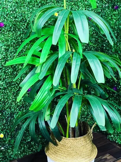 A lifelike artificial palm plant in a woven basket. This type of potted plant is great for adding a tropical or bohemian vibe to a room, and it looks great against a green wall backdrop.