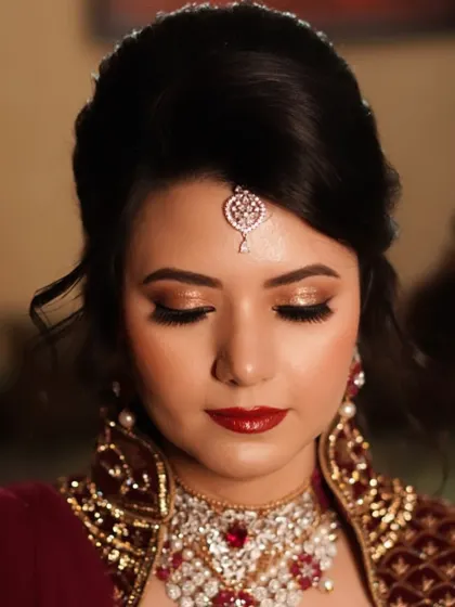 A truly captivating look featuring dramatic golden glitter on the eyes and a classic deep red lip. This combination creates an aura of timeless glamour, perfect for a bride who wants to feel powerful and beautiful.