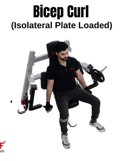 A user demonstrates a single-arm curl on the Isolateral Bicep Curl machine, highlighting its function for unilateral training.