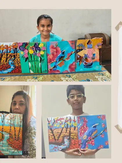 The proud smiles say it all. This collection shows the beautiful results from our online acrylic painting course, with students of all ages displaying their finished canvases. We guide everyone from their first brushstroke to a completed masterpiece.