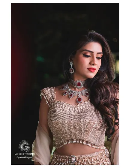 The gorgeous Mahima for her engagement. This look features a classic red lip and soft smokey eye, a timeless combination that you will master in my course.