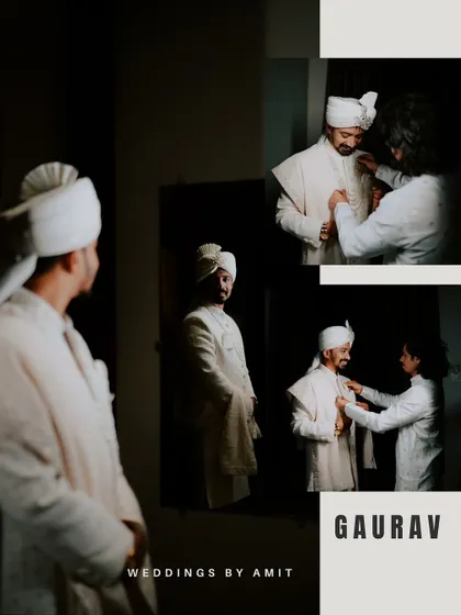 A collage dedicated to the groom, Gaurav. We capture the getting-ready process, from adjusting the 'pheta' to the final look in the mirror.