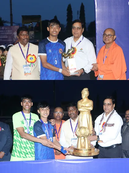 Our players receiving their awards at the Swami Vivekananda U20 National Championship. Rahul was named Best Player, and Captain Jajo proudly lifted the trophy. Individual brilliance and team glory go hand in hand.