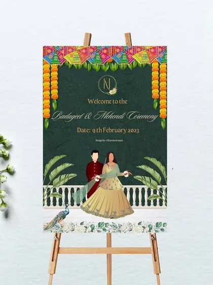 For this Sangeet and Mehendi ceremony, I designed a welcome sign with a rich, royal green background. The design features marigold flower decorations, a peacock, and a couple illustration to capture the traditional yet elegant theme.