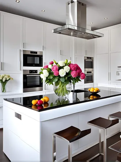 This kitchen is designed for entertaining, with a large island, double ovens, and a sleek black countertop. The high-gloss white cabinets reflect light, making the space feel bright and open.