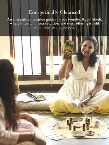 Our space is an energetic co-creation, guided by intuition and purpose. Here, our founder Rupal Sheth facilitates a session, holding a space that is cleansed daily and designed to amplify the healing work you do here.