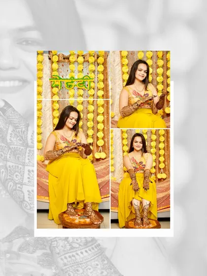 A collage of the bride posing at her Mehandi function. The images show her in various playful and traditional poses against a vibrant floral backdrop.