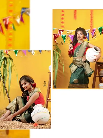 A collage from our Pongal-themed shoot, showing how you can style our rental outfits and jewellery for a complete festive look.