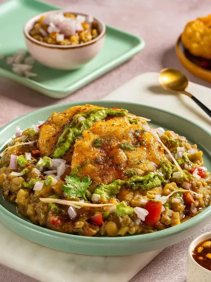 A plate of Aloo Tikki Chaat, where crispy potato patties are topped with yogurt, chutneys, and chopped onions.