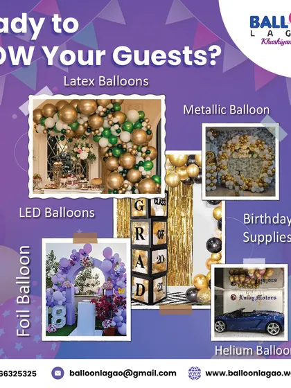 An overview of our services. This graphic shows the variety of balloons we offer, including latex, metallic, foil, LED, and helium, as well as other birthday supplies.