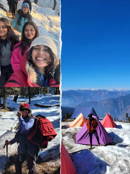 A collage capturing the essence of the Kedarkantha trek. It shows our happy trekkers, the snowy trails, and the vibrant campsites that serve as our home in the mountains.