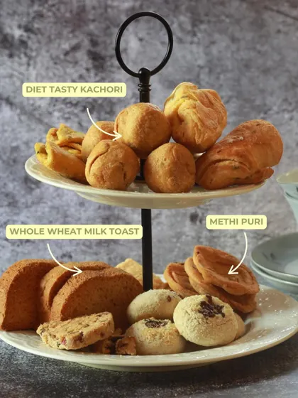 Even your chai party deserves a snack upgrade. This two-tiered stand is elegantly arranged with my Diet Tasty Kachori, Methi Puri, and Whole Wheat Milk Toast.