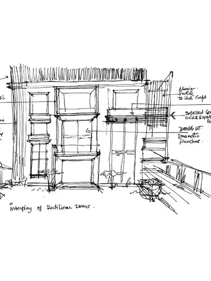 The inception of our design process. This annotated sketch articulates a vision of harmony and individuality, exploring the interplay of rectilinear forms and materials for a new residence.