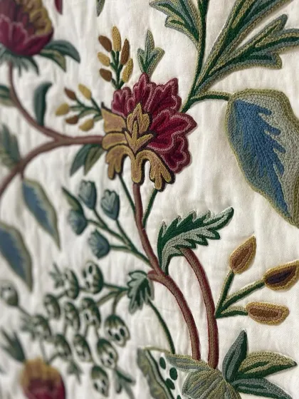 A detail shot of the embroidered floral wall hanging, highlighting the rich colors and textures.