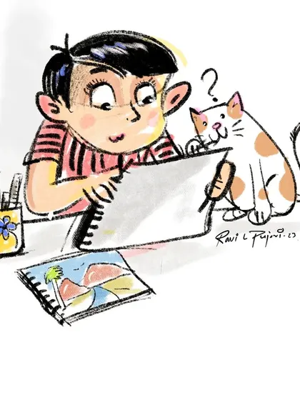 A whimsical cartoon sketch of a boy drawing, with his curious cat looking on. I enjoy creating these simple, heartwarming scenes that tell a small story.