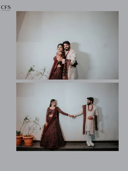 "Love, framed perfectly." This minimalist shot shows the couple's connection, with one frame capturing a formal pose and the other a more candid interaction.
