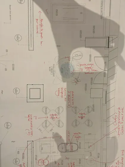 Another glimpse of our design process through a marked-up floor plan, revealing the meticulous planning that goes into every detail.