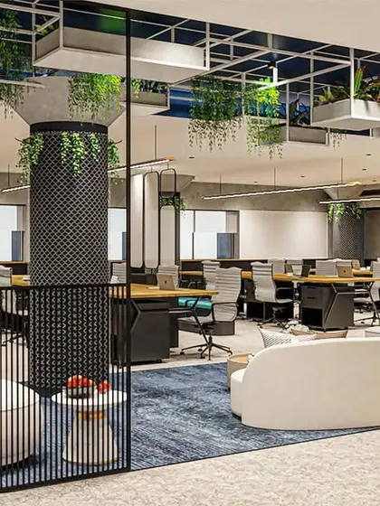 A render of an agile workspace we designed for The Baker's Dozen. The layout is inside-out, with huddle spaces and call rooms surrounding the main workstations to encourage interaction and flexible work styles.