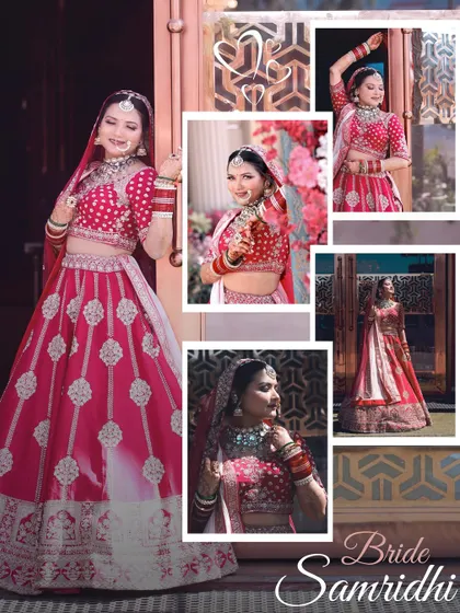 A full-page style collage of the bride, showcasing her various poses and the elegance of her wedding attire.