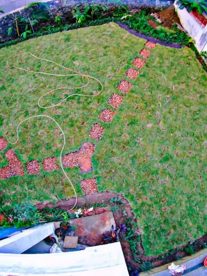 An aerial view of a garden in progress. The new lawn is taking root, with a pebble stone pathway designed to add a decorative touch.