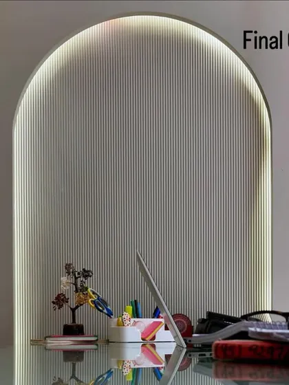 A close-up of the final outcome, showing the detail of the fluted, arched panel with integrated backlighting.