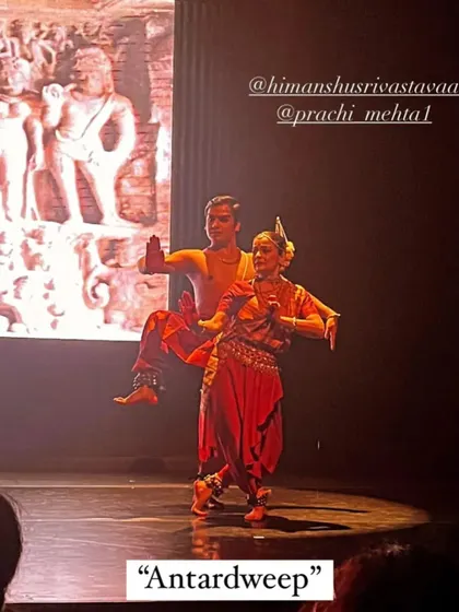 A moment from "Antardweep," a collaborative duet with Dr. Prachi Mehta, blending Bharatanatyam and Odissi. This production explores the idea of our ancient temples as not just places of worship, but as architectural codes guiding us to find divinity within.