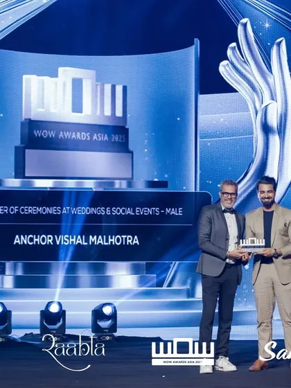 A full-stage view of my win at the WOW Awards Asia 2025. This award for Best Master of Ceremonies at Weddings & Social Events is a huge motivation.