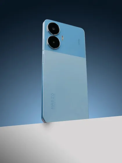 A clean, commercial shot of the light blue realme Narzo phone against a matching gradient background.
