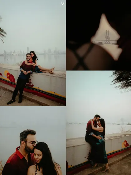 A four-panel collage from a Mumbai pre-wedding shoot, featuring romantic moments against the backdrop of the sea and the Bandra-Worli Sea Link.