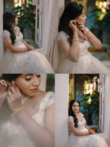 A collage of the bride, Pooja, getting ready for her reception, capturing her excitement and the details of her look.