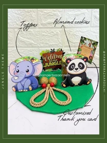 A breakdown of what's inside our ₹350 jungle hamper: assorted toffees, almond cookies, and a custom thank you card.