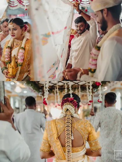 A collage showing the bride's entrance and other key moments from a traditional South Indian wedding, highlighting the importance of family and custom.