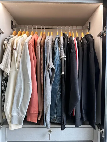One of the best tips for optimizing your hanging space is using the same hangers. It's visually appealing and uses the space most effectively.