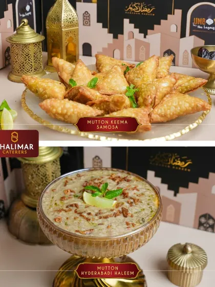 Two Iftar essentials side by side. Our crispy Mutton Keema Samosas are perfectly paired with the slow cooked, rich Mutton Hyderabadi Haleem, both included in our curated boxes.