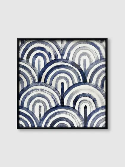 This geometric pattern of indigo arches is given a crisp, graphic look with our thin black metal frame, making it a perfect piece for a modern interior.