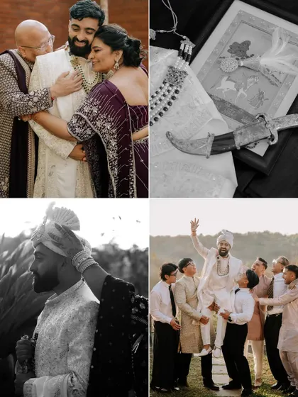 A collection of candid moments with the groom: a hug from his parents, his wedding accessories, and fun with his friends. This tells the story of his wedding morning.