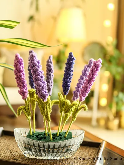 A simple arrangement of my crochet lavenders. The different shades of purple create a calming and serene display, perfect for a quiet corner.