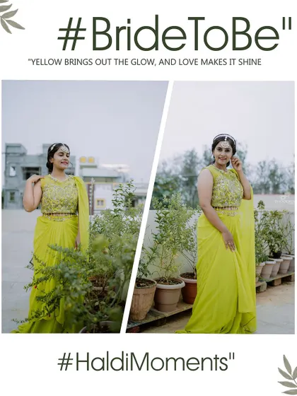 A collage of the bride-to-be in her bright yellow Haldi outfit, capturing her pre-ceremony excitement.