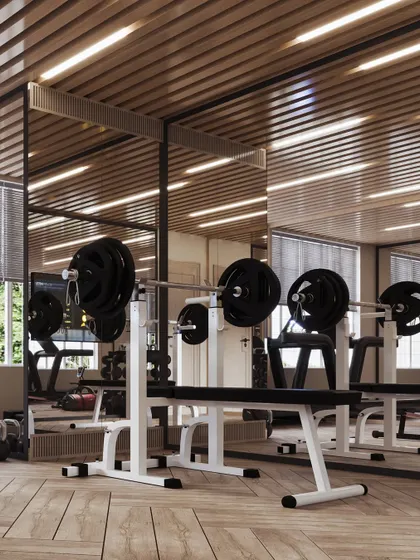 The weightlifting bench is the focus of this render, demonstrating my ability to model and visualize specific gym equipment accurately.