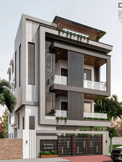 This angle highlights the cantilevered sections and the vertical louvers that add depth to the facade. The design is a perfect blend of practical space planning and a pleasing modern aesthetic.