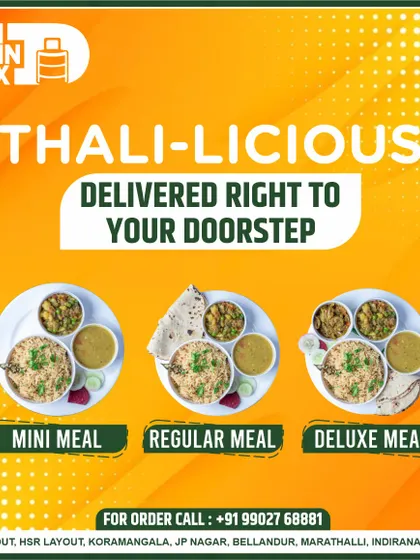 My thali-licious meals are delivered right to your doorstep. This image showcases the three sizes I offer, Mini, Regular, and Deluxe, so you can see the different portion options available for your daily tiffin subscription.